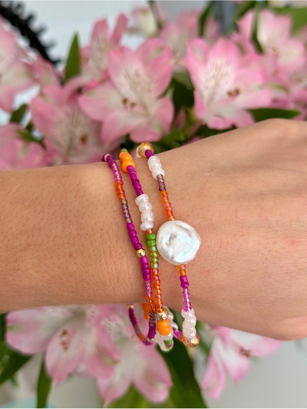 Handmade Pink & Orange Bead Wrap Bracelet with Freshwater Pearl